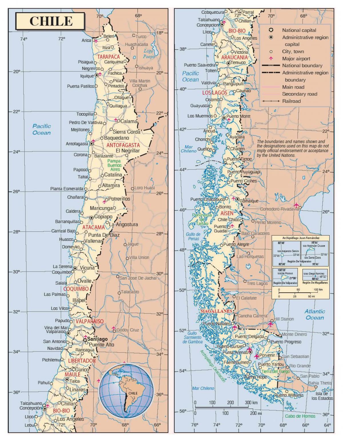 žemėlapis Čilės su miestų